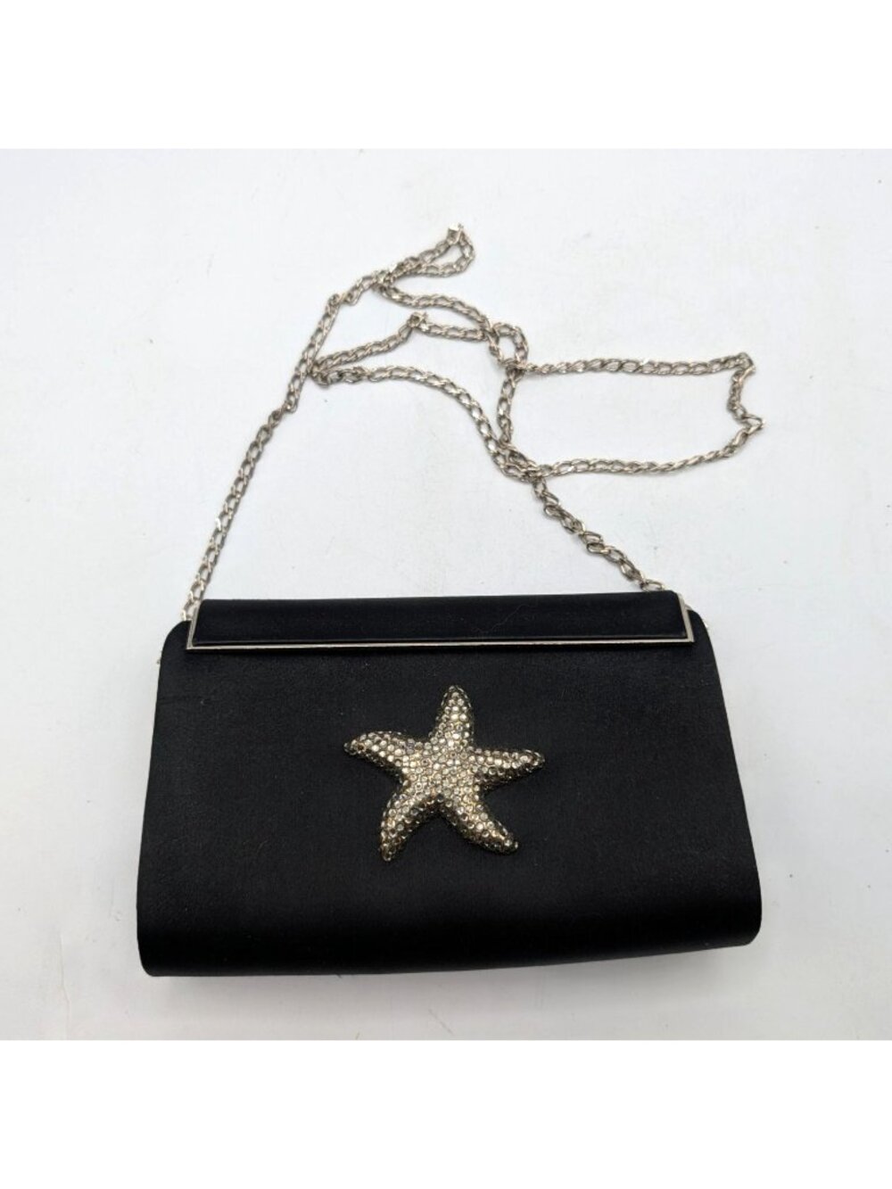 Eliza Gray Starfish Crystal Embellished Black Satin Evening Bag W Silver Chain - Picture 14 of 15